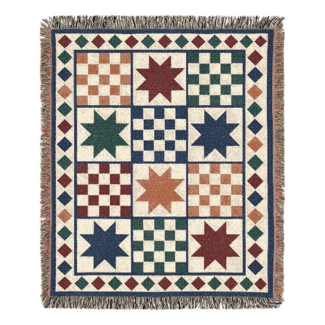 Folk Art Star Woven Throw Blanket – Checkerboard Patchwork, 60 × 50 For Sale
