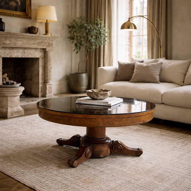 Early 19th Century Charles X Mahogany and Walnut Round Coffee Table. A handsome antique round table in the Charles X...