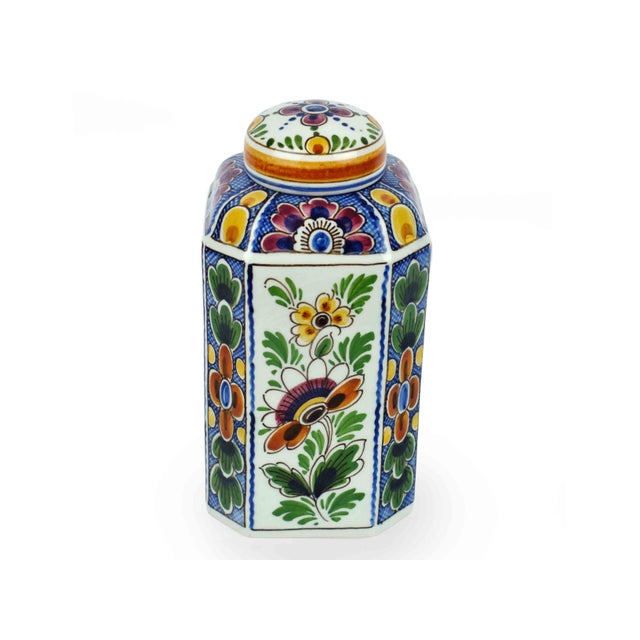 Shabby Chic Hand-Painted Delft Hexagonal Lidded Ginger Jar or Tea Caddy Multi-Color Floral Motifs and Artist Monogram For Sale - Image 3 of 8