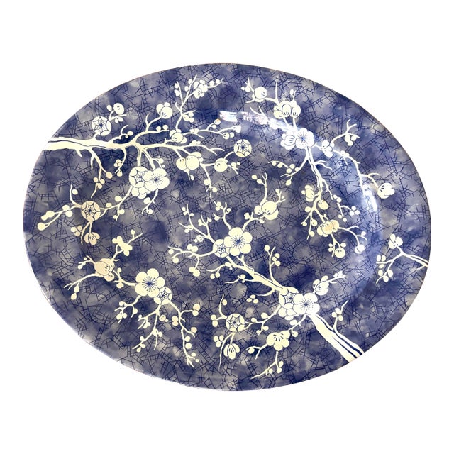 Vintage English Blue and White Oval Daher Tea Tray For Sale