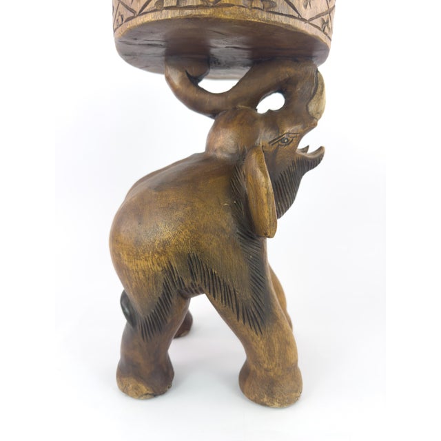Wood Vintage Hand-Carved Solid Hardwood Elephant Stool / Sculptural Folk Art Side Table For Sale - Image 7 of 16
