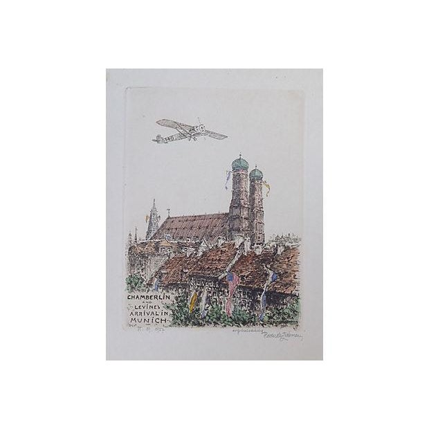 Circa 1927 Original plate etching, hand-painted by Alexander Liebmann of aviators Chamberlin and Levine's arrival in...