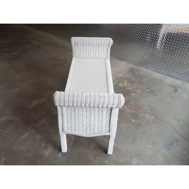 Late 20th Century Vintage White Wash Wicker and Carved Wood Bench For Sale In Washington DC - Image 6 of 8