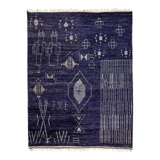 Blue Modern Moroccan Style Handmade Tribal Designed Wool Rug For Sale