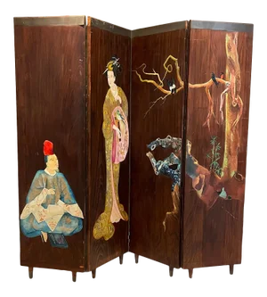 1950s Japanese Four Panel Gold Leaf Room Divider Double-Sided
