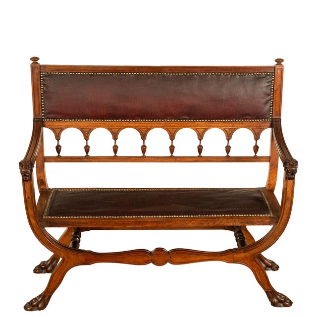 Antique Renaissance Revival Carved Walnut & Leather Hall Window Bench Italy 1880 For Sale - Image 10 of 15