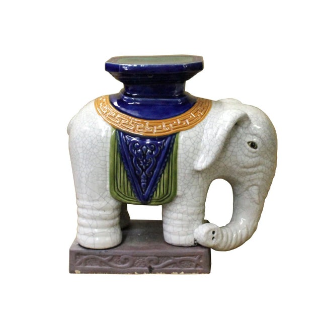2010s Pair Ceramic Chinese Off White Oriental Elephant Pedestal Figures For Sale - Image 5 of 10