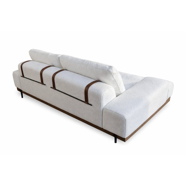 “Faro” White Bouclé Sectional With Leather & Iron Strap Detail For Sale - Image 4 of 5