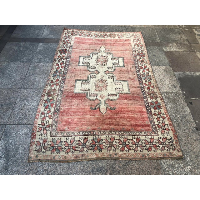 1960s Vintage Tribal Handmade Turkish Faded Rug- 3′8″ × 5′10″ For Sale - Image 9 of 11