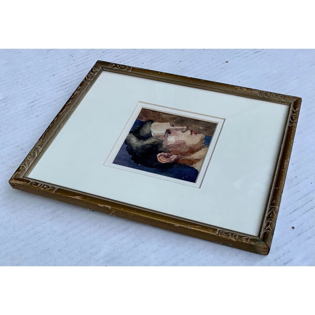 Mid 20th Century Mid-Century Miniature Watercolor Portrait in Giltwood Art Deco Frame For Sale - Image 5 of 6