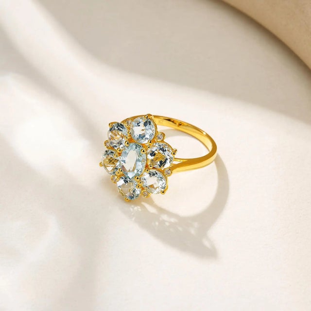 Nina Zhou Jewelry Nina Zhou Aquamarine Diamond Cocktail Ring in 14k Gold, size 5 For Sale - Image 4 of 6