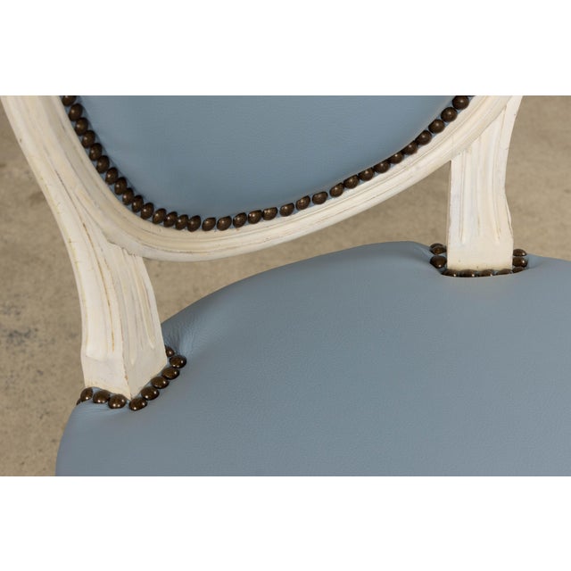 Antique French Louis XVI Style Painted Dining Chairs in Sky Blue Leather - Set of 6 For Sale - Image 11 of 18