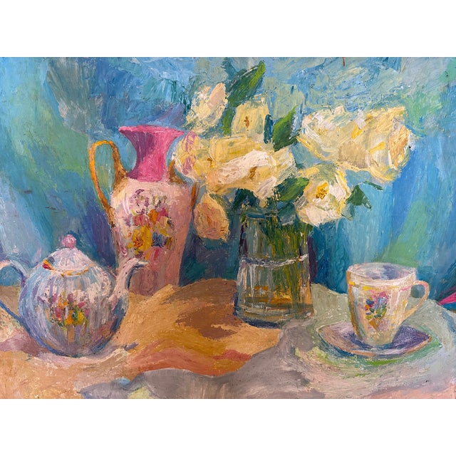 Gorgeous still life painting with flowers in a vase and tea pot with tea cup. Painterly layering of pastel oil paint...