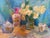 Gorgeous still life painting with flowers in a vase and tea pot with tea cup. Painterly layering of pastel oil paint...