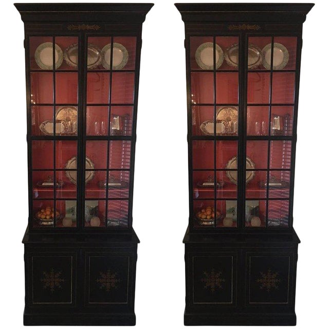 Pair Of Custom Made John Rosselli Ebony Display Cabinets Mid 20th