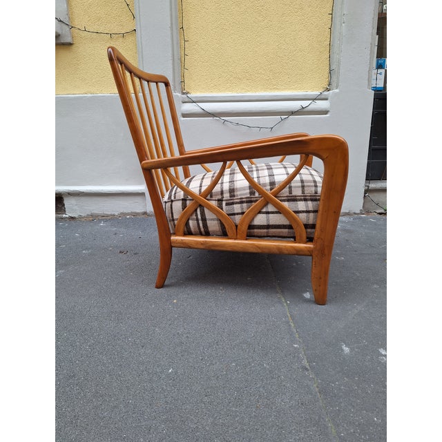 Wood Armchair in Light Wood with Crossed Sides and Checked Padding by Paolo Buffa, 1940s For Sale - Image 7 of 7