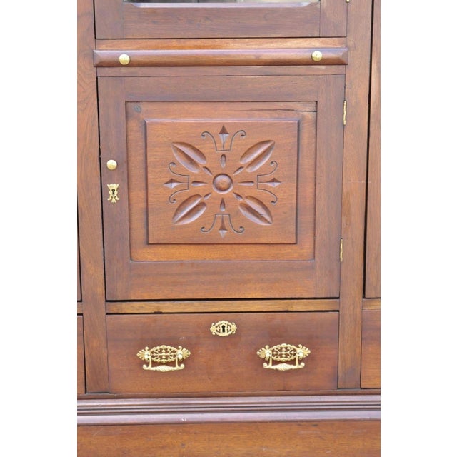 Antique Eastlake Victorian Walnut Wavy Glass Triple Bookcase Display Cabinet For Sale - Image 4 of 13