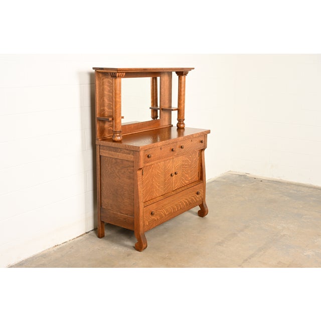 Victorian Antique American Empire Tiger Oak Sideboard With Mirrored Backsplash, Circa 1900 For Sale - Image 3 of 15