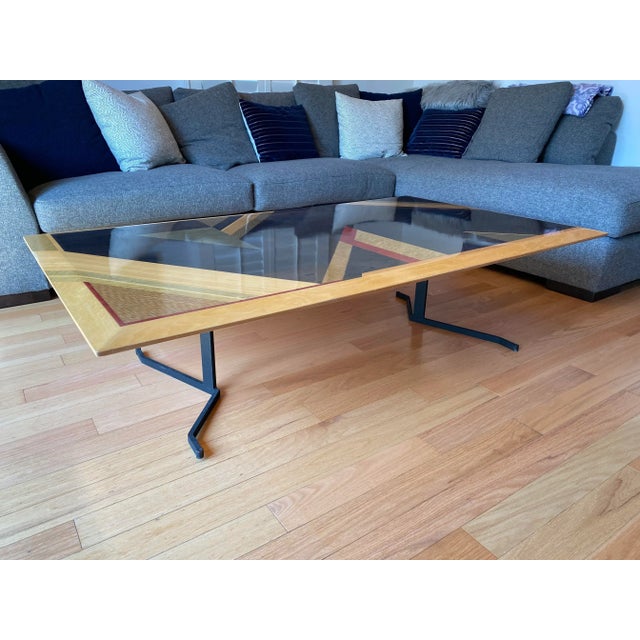 Rare Giovanni Offredi for Saporiti Italian Coffee Table - Geometric Dyed Wood Veneer Top & Sculptural Iron Base For Sale - Image 12 of 13