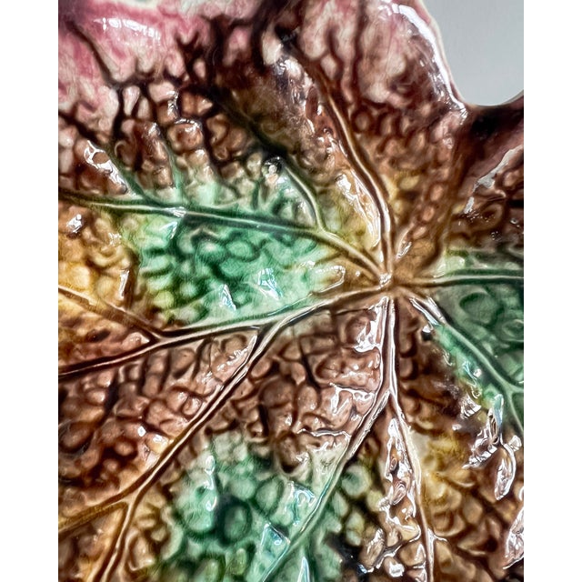 Antique Majolica Leaf-Form Dish – Rose, Cream & Moss Green Textured Ceramic Plate For Sale - Image 4 of 13