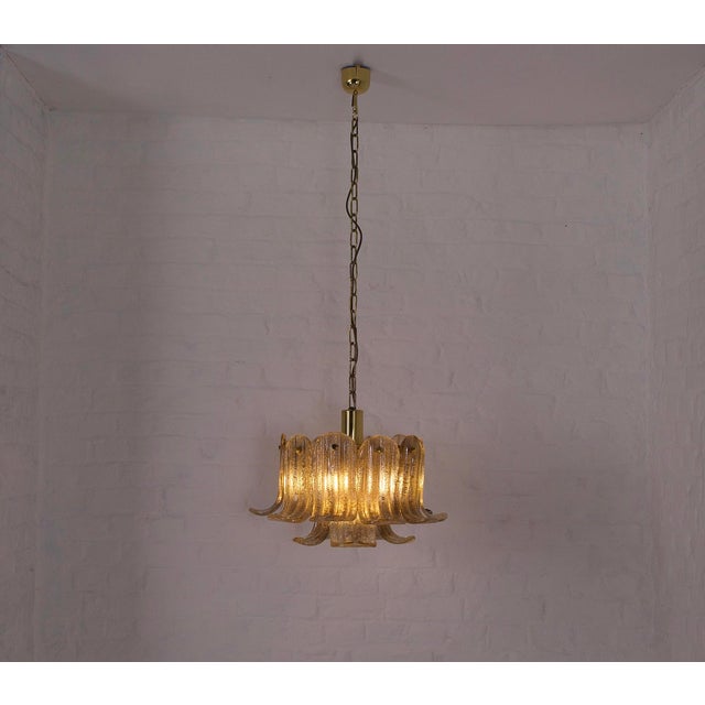 Solid brass chandelier adorned with two rows of fifteen amber and gold Murano glass petals. Mazzega edition, circa 1975....