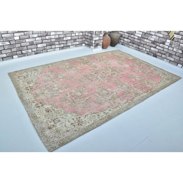 Rug & Kilim 1960s Oversize Turkish Pink Botanical Design Faded Area Carpet For Sale - Image 4 of 11