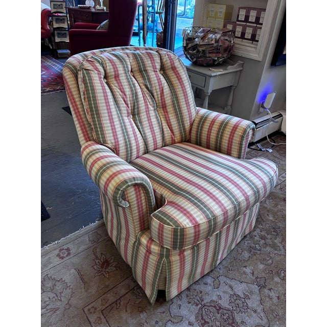 This is a 1990s custom swivel chair by Jessica Charles. It has a removable seat cushion, easy to clean. Matching ottoman...