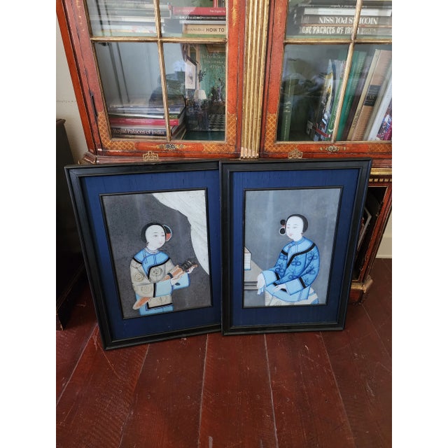 Pair of Antique Chinese Export Reverse Painting on Glass For Sale - Image 4 of 7