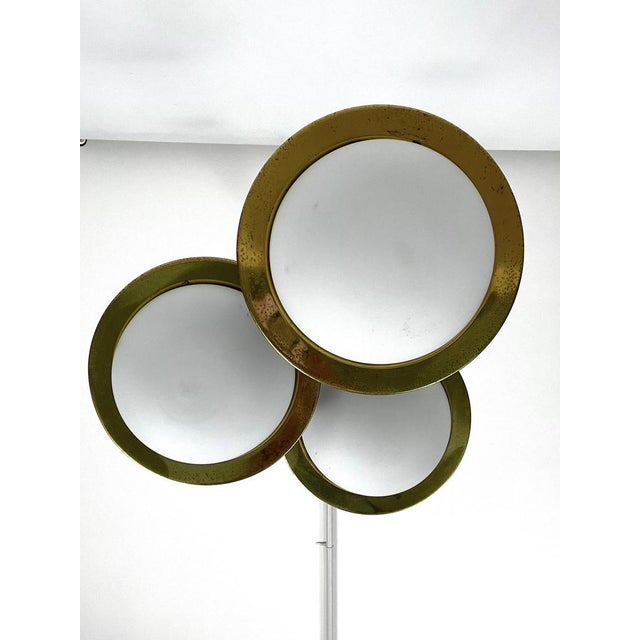 Italian chandelier in brass, lacquer and opaline glass designed by Stilnovo and produced during the 50s. Good vintage...