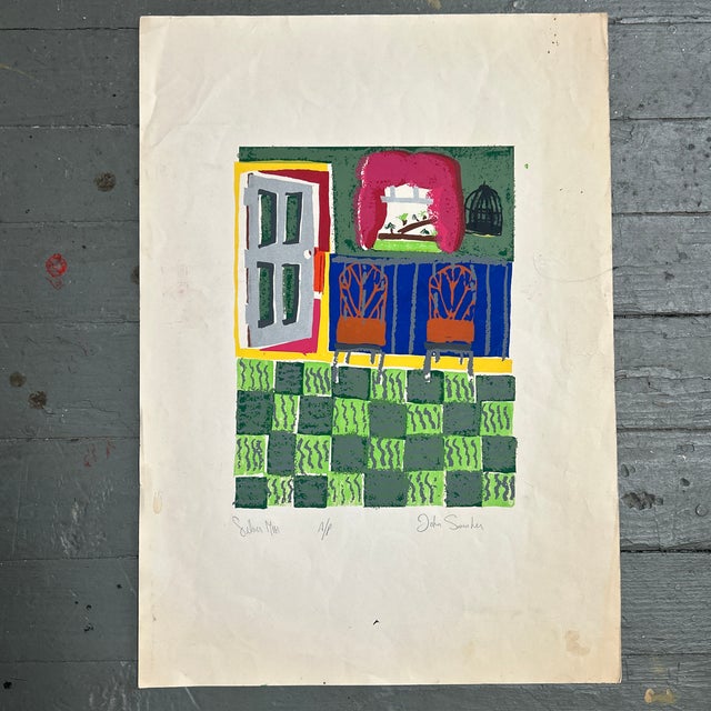 1970’s original folk art colorful house interior serigraph print. Signed . Image itself measures approximately 8.5x10.5...