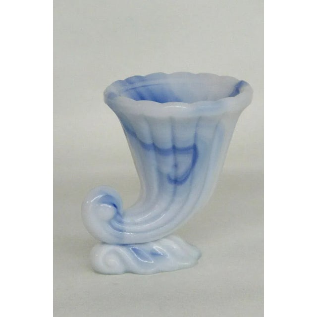 Akro Agate Blue Slag Glass Cornucopia Horn Small Vase Candle Holder For Sale - Image 4 of 11