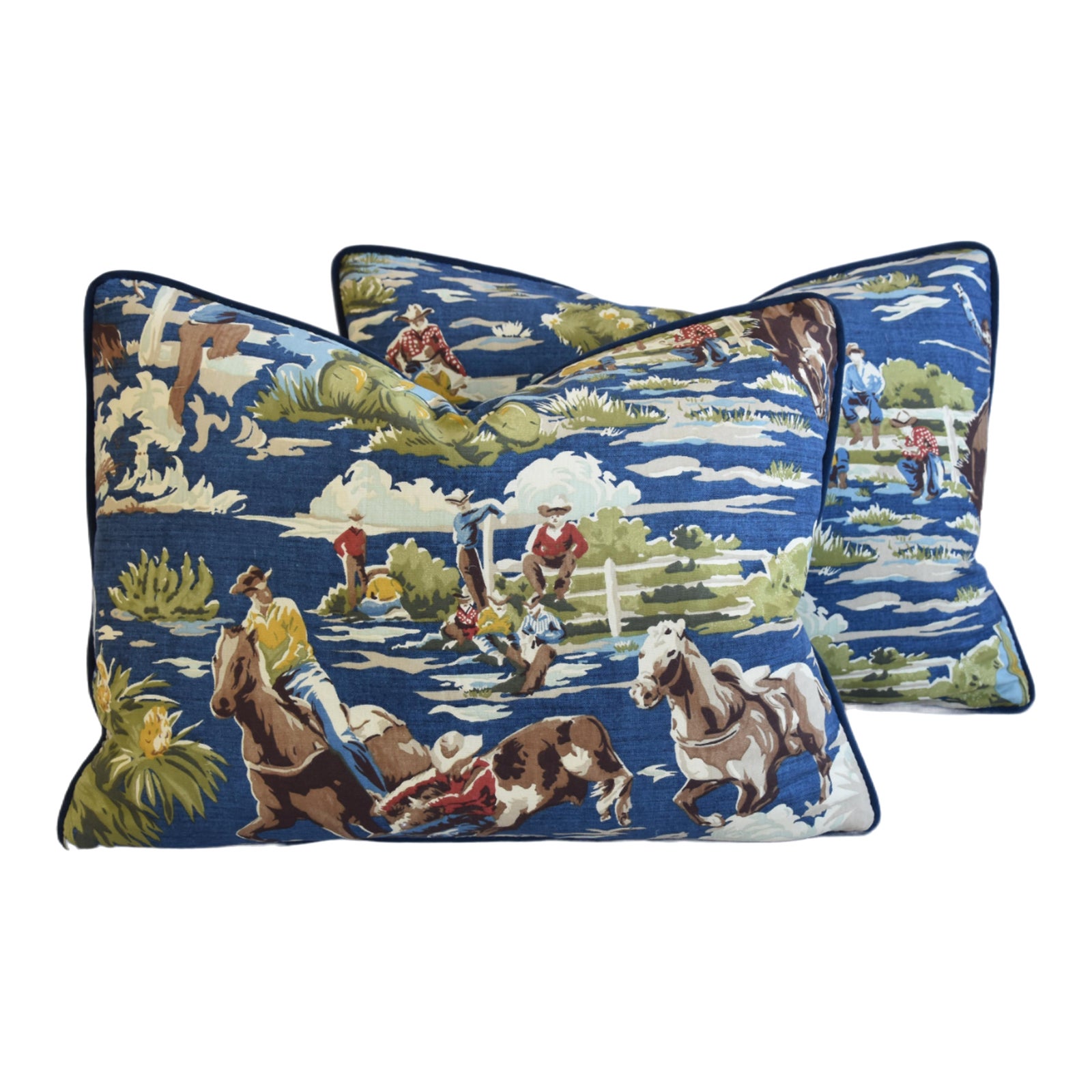 Western Ranch Cowboy Rodeo Horses Feather/Down Pillows 24" X 18" Set