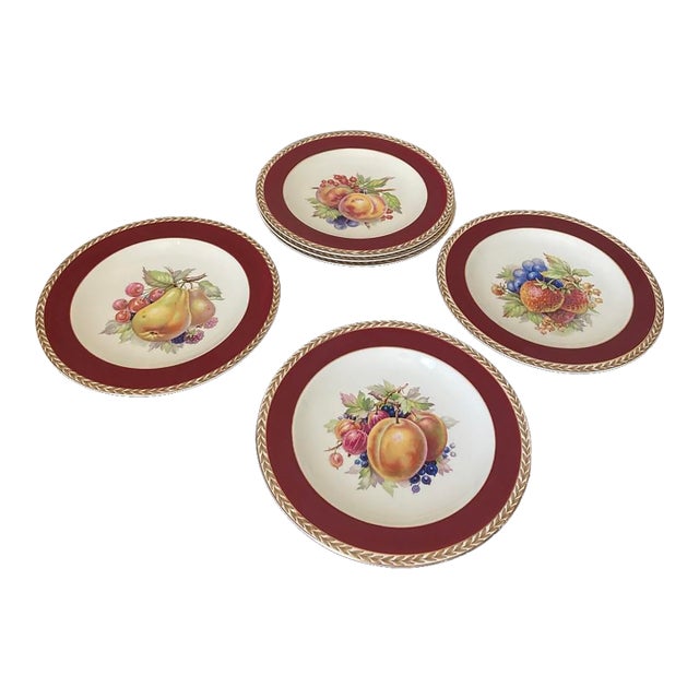 Early 20th Century Crown Ducal Red Burgundy and Gold Border Fruit Decorated Porcelain Plates- Set of 6 For Sale