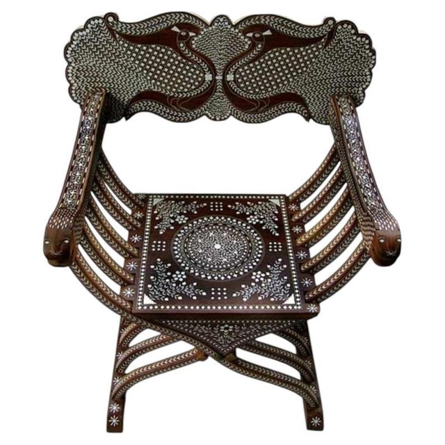 2000 - 2009 Indian Rosewood Royal Peacock Chair with Intricate White Inlay For Sale - Image 5 of 5