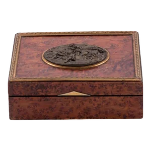 Antique Burl Walnut Cast Bronze Plaque Box.