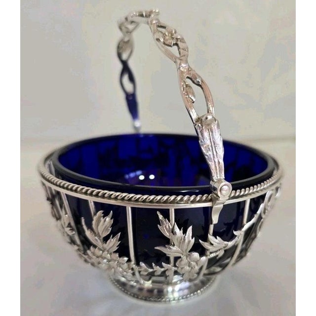 George V Sterling Silver Swing Handle Basket with Blue Glass Liner, 1912 For Sale - Image 12 of 18