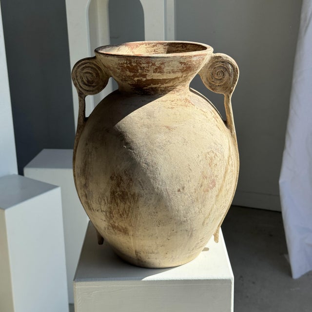 Large Cream-Colored Terracotta Vase with Double Spiral Handles, 1960s For Sale - Image 4 of 11