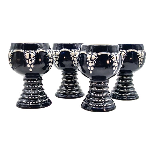 Vintage West German Cobalt Salt Glaze Stoneware Goblets With Grape and Leaf Motif- Set of 4 For Sale