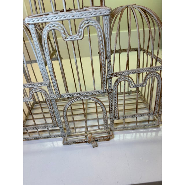 Taj Mahal Style Vintage Distressed White Metal Birdcage With Hanging Chain For Sale - Image 10 of 17