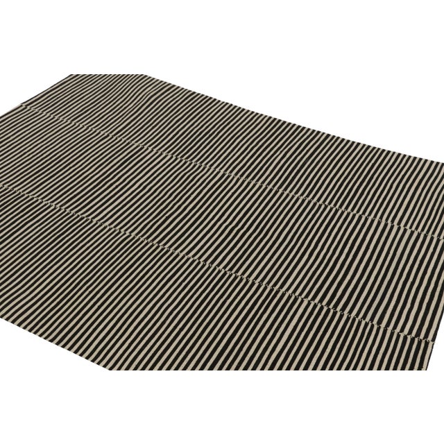 Rug & Kilim Rug & Kilim’s Contemporary Kilim With Textural Cream and Black Stripes For Sale - Image 4 of 8