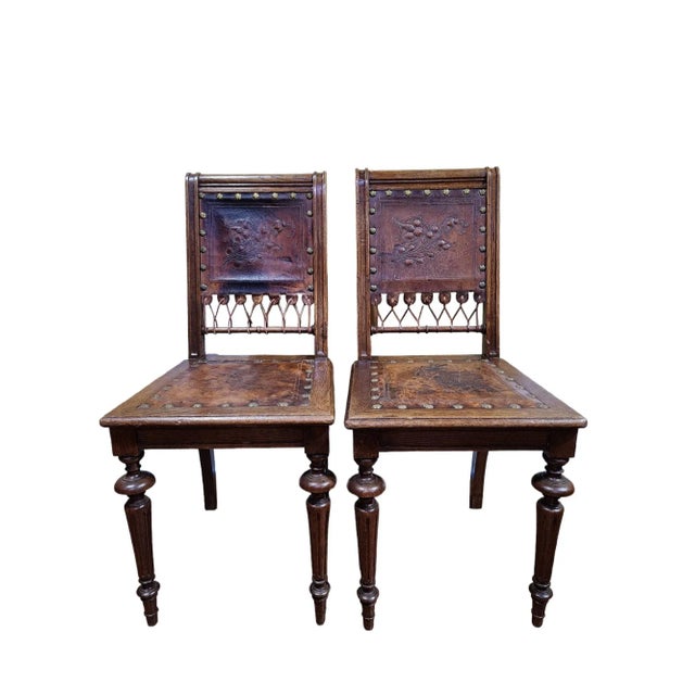 Wood Early 1900's French Embossed Leather Hall Chairs- a Pair For Sale - Image 7 of 7