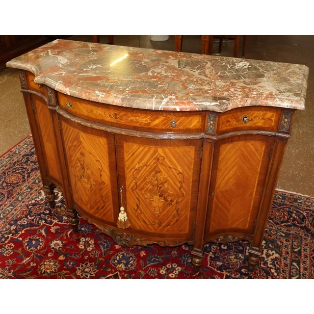 1920's French Louis XVI Style Marble Top Satinwood Inlaid Chest Dresser Commode For Sale - Image 4 of 15