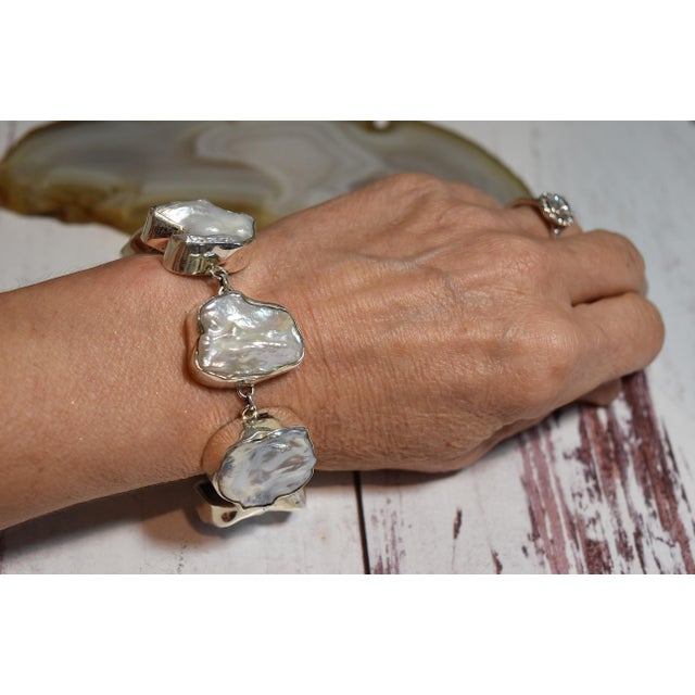 White Freshwater Baroque or Keshi Pearl Sterling Silver Link Bracelet For Sale - Image 14 of 18