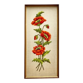 1970s Needlepoint Framed Poppies Textile Wall Decor For Sale