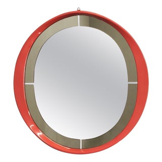 Italian Space Age Round Red Lacquer and Smoked Glass Mirror, 1970s For Sale
