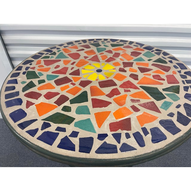 Dark Green Vintage Mosaic Tile Bistro Side Table With Wrought Iron Base For Sale - Image 8 of 12