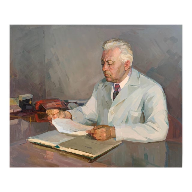 Antique Oil Painting: Ukrainian Socialist Realism Portrait of an Old 100-120 For Sale