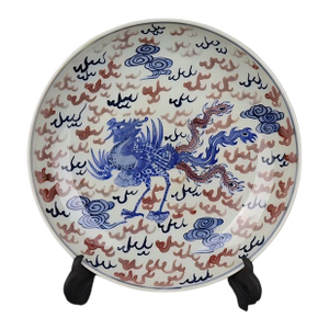 Chinese Vintage Ceramic Plate,Blue and White Underglaze Red Porcelain Plate Hand Painted Phoenix Pattern