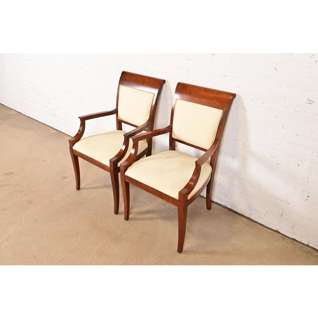 Baker Furniture Company Baker Furniture Modern Regency Cherry Wood Upholstered Armchairs, Pair For Sale - Image 4 of 12