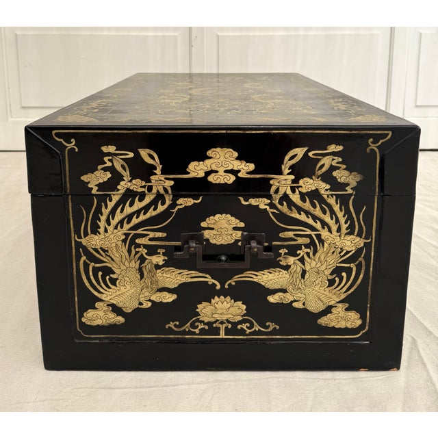 Wood Early 20th Century Chinoiserie Asian Black Lacquer and Gold Trunk Chest For Sale - Image 7 of 12